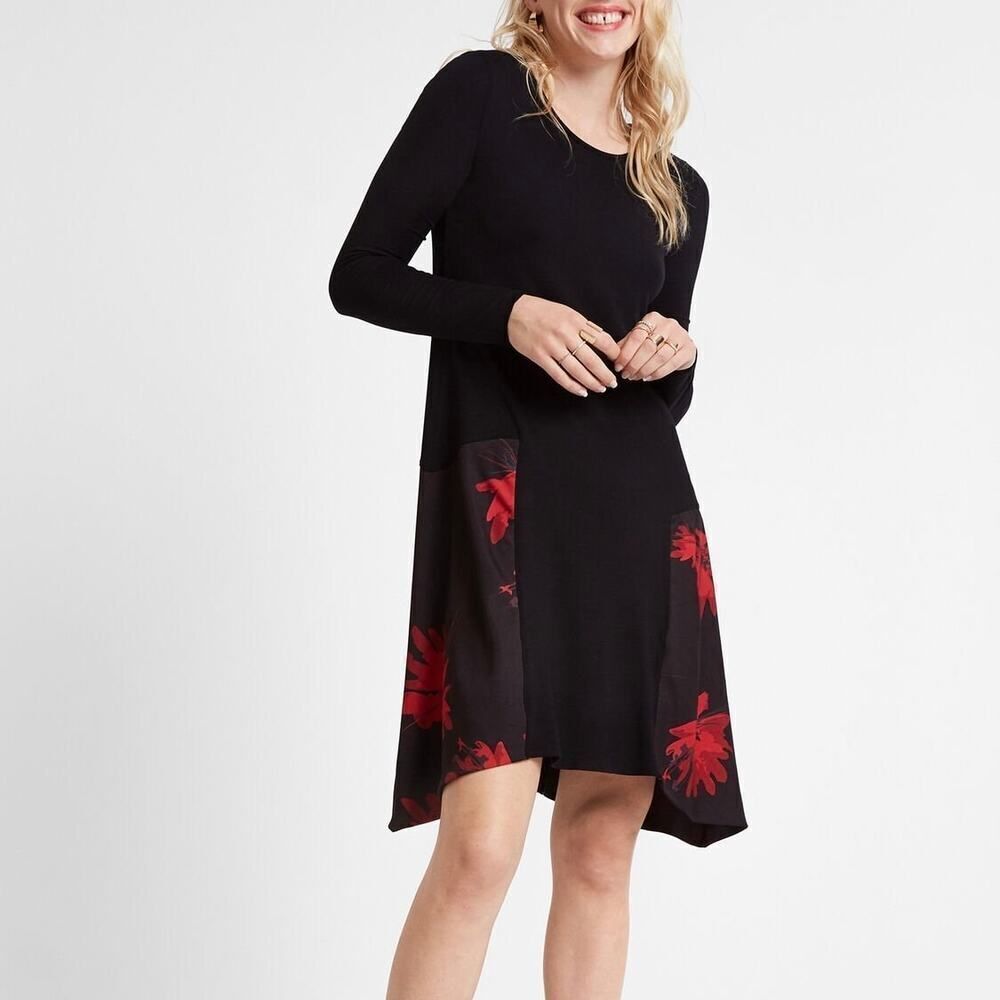 NWT Desigual Black Floral Peaks‎ Swing Long Sleeve Dress Size XS